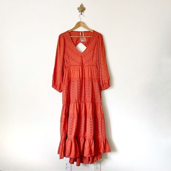 Free People Mockingbird Burnt Red Midi Dress tiered style size small NwOT - Picture 2 of 15